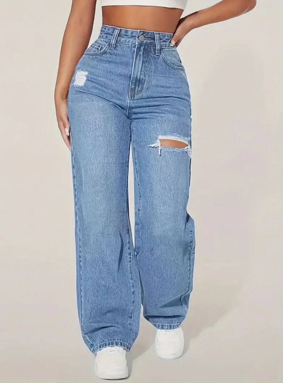 Mom Jeans Women Denim Pant Wide Leg Long Pants Hole High Waist Straight Trousers Y2k Streetwear Work Splice Casual 2025 Punk