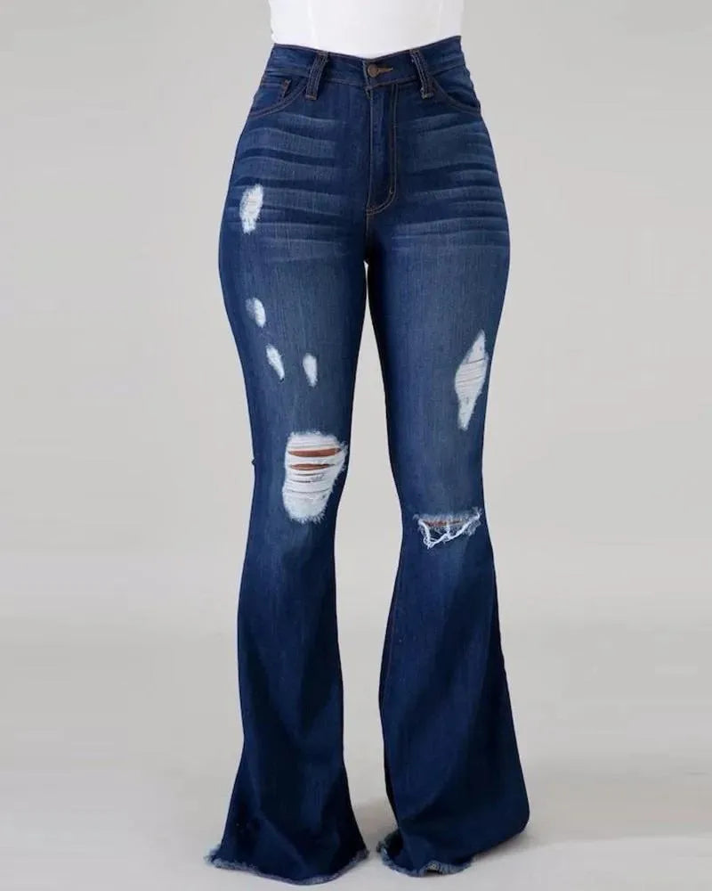 Denim Flare Pants Women Hole Jeans Boot Cut High Waist Stretch Pockets Distressed Washed Streetwear 2025 Floor Length Trousers
