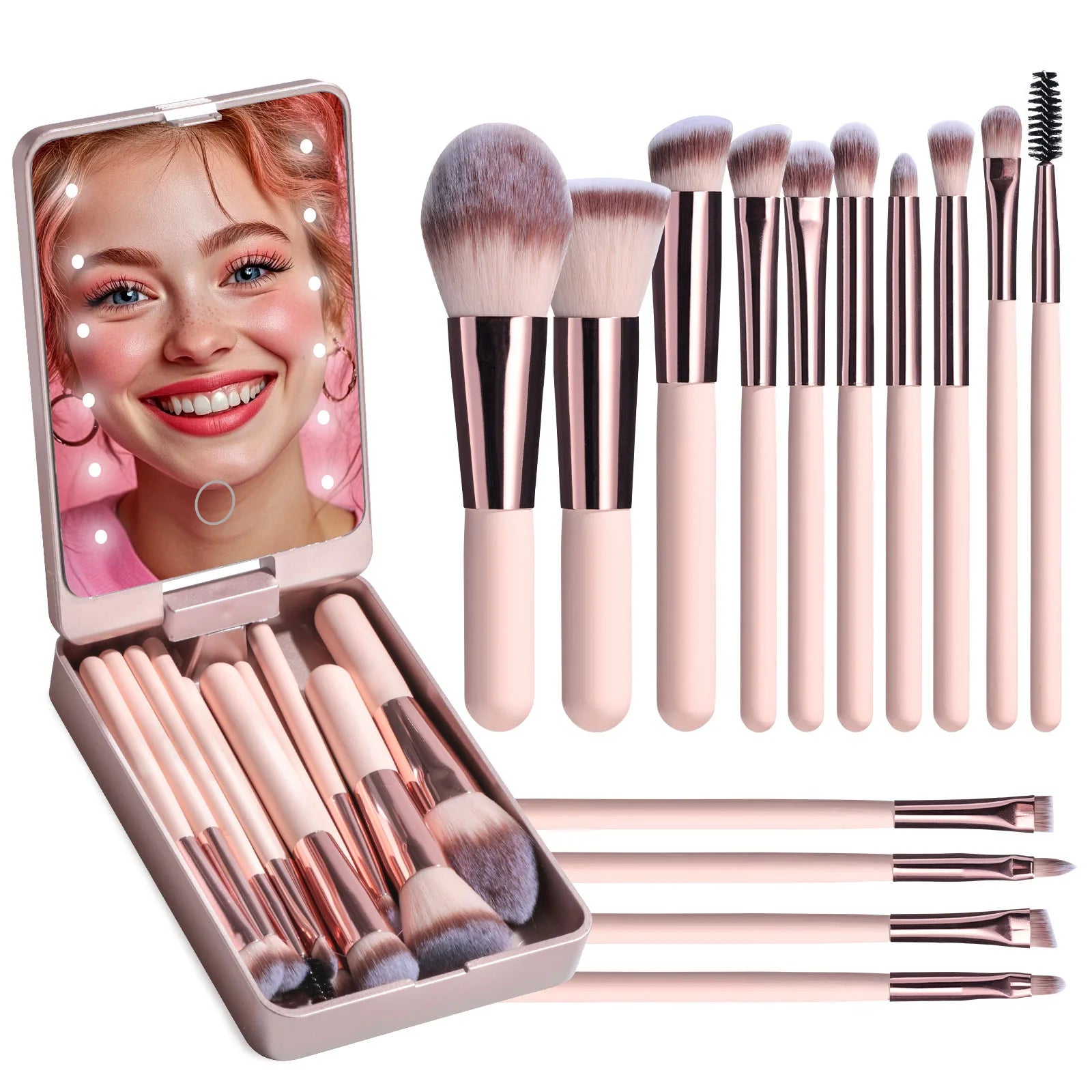 14-Piece Makeup Brush Set with Illuminated Mirror, Portable Short Handle,LED Light,USB Rechargeable Makeup Brushes Kit