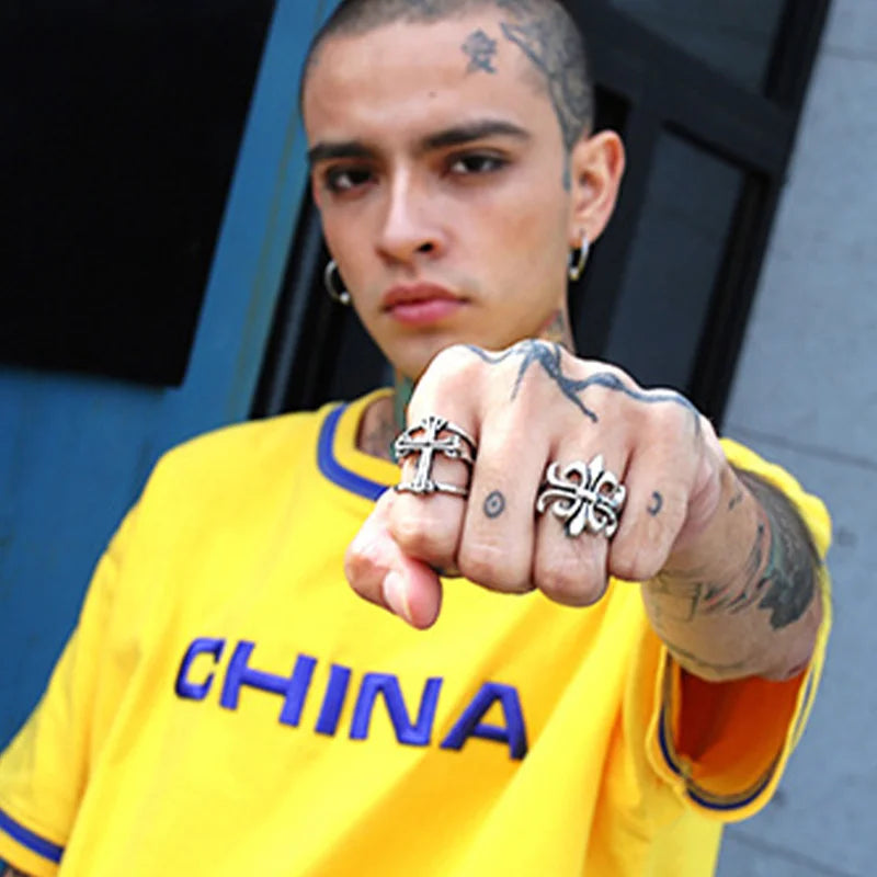 Retro Double Band Cross Ring For Men Punk Gothic Rock Hiphop Open Ring Biker Accessories Handmade Designer Jewelry Unisex Gift