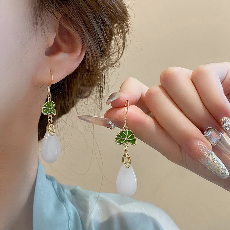 Lily Of The Valley Leaf Water Drop Resin Dangle Earrings For Women Partysu New In Earring Hook Vintage Fashion Cheongsam Jewelr