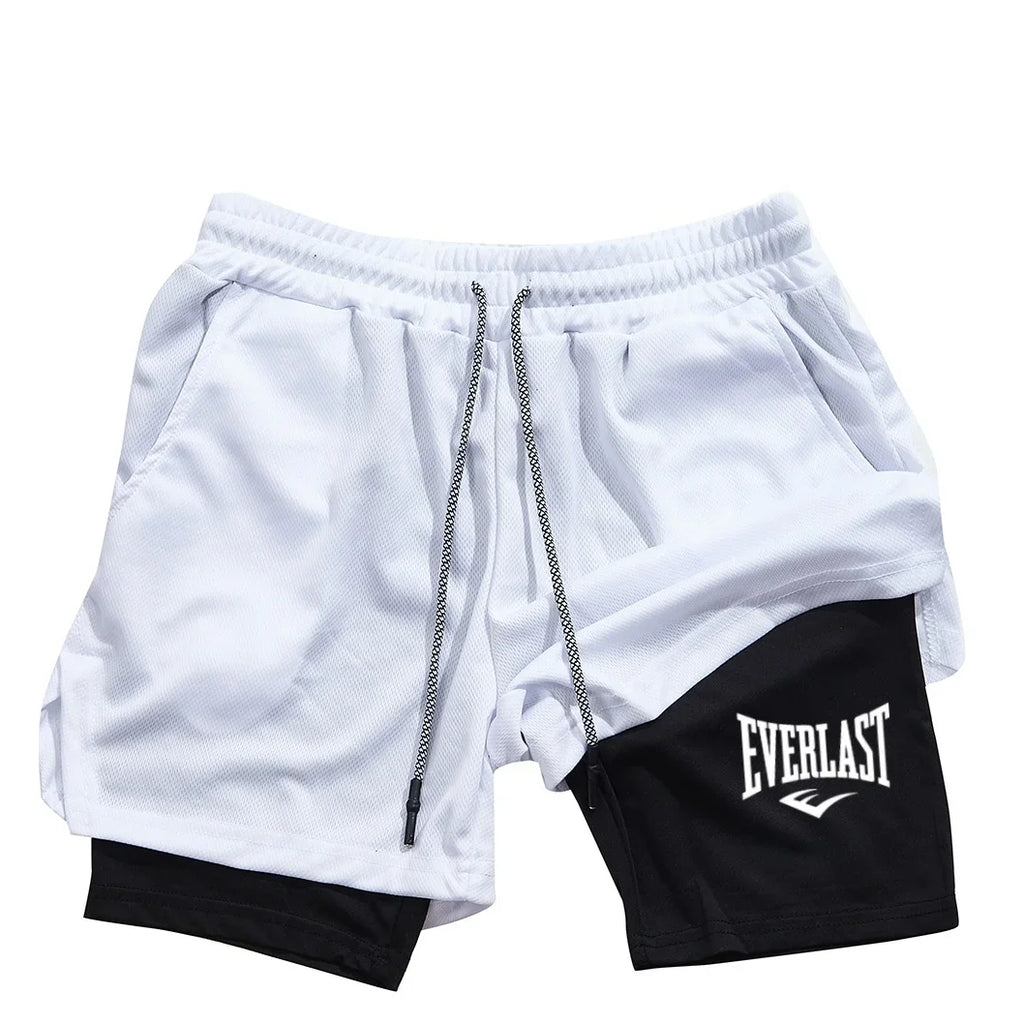 Men's compression gym shorts, EVERLAST printed sports pants, double layered, quick drying, basketball, beach, muscle, fitness