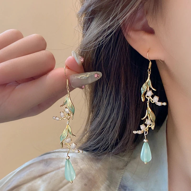 Lily Of The Valley Leaf Water Drop Resin Dangle Earrings For Women Partysu New In Earring Hook Vintage Fashion Cheongsam Jewelr