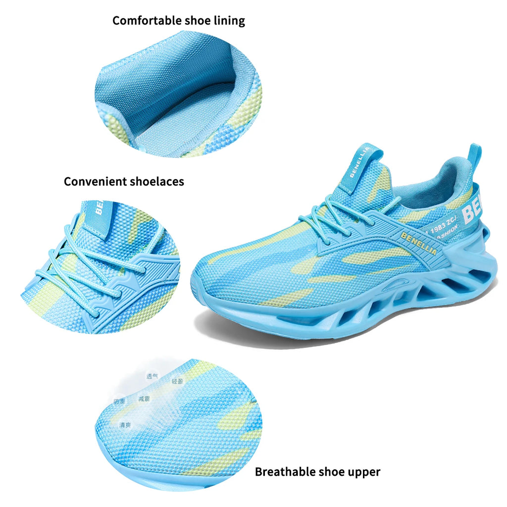 Blue anime-inspired running shoes for men and women with lace-up closure and stylish design.