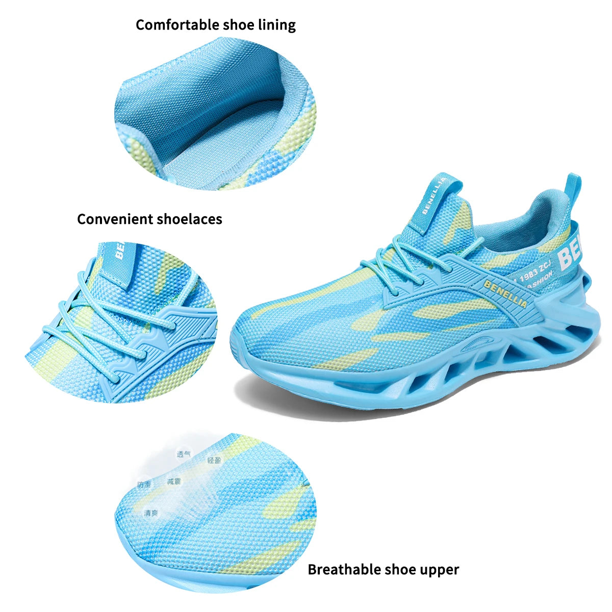 Blue anime-inspired running shoes for men and women with lace-up closure and stylish design.