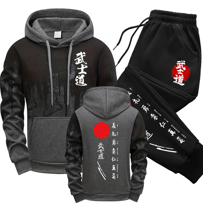 Japan Bushido Style Hooded Sweatshirt Sweatpants Men's Set Autumn Winter Daily Casual Sport Jogger Suit Urban Fashion Sportswear