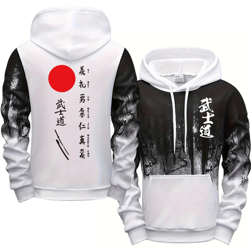 Japan Bushido Style Hooded Sweatshirt Sweatpants Men's Set Autumn Winter Daily Casual Sport Jogger Suit Urban Fashion Sportswear