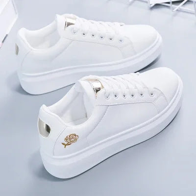 2022 Women Casual Shoes New Spring Fashion Embroidered White Breathable Flower Lace-Up Sneakers
