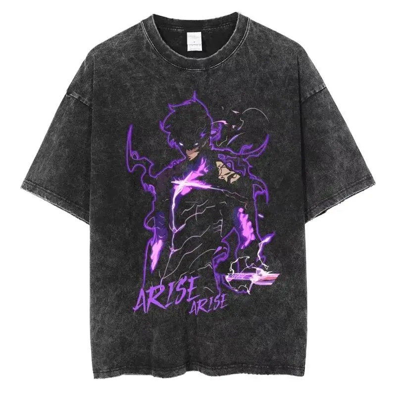 Men's and women's T-shirt plus size Harajuku unisex washed cotton T-shirt Hot Anime Solo Leveling Song Jinyu printed T-shirt