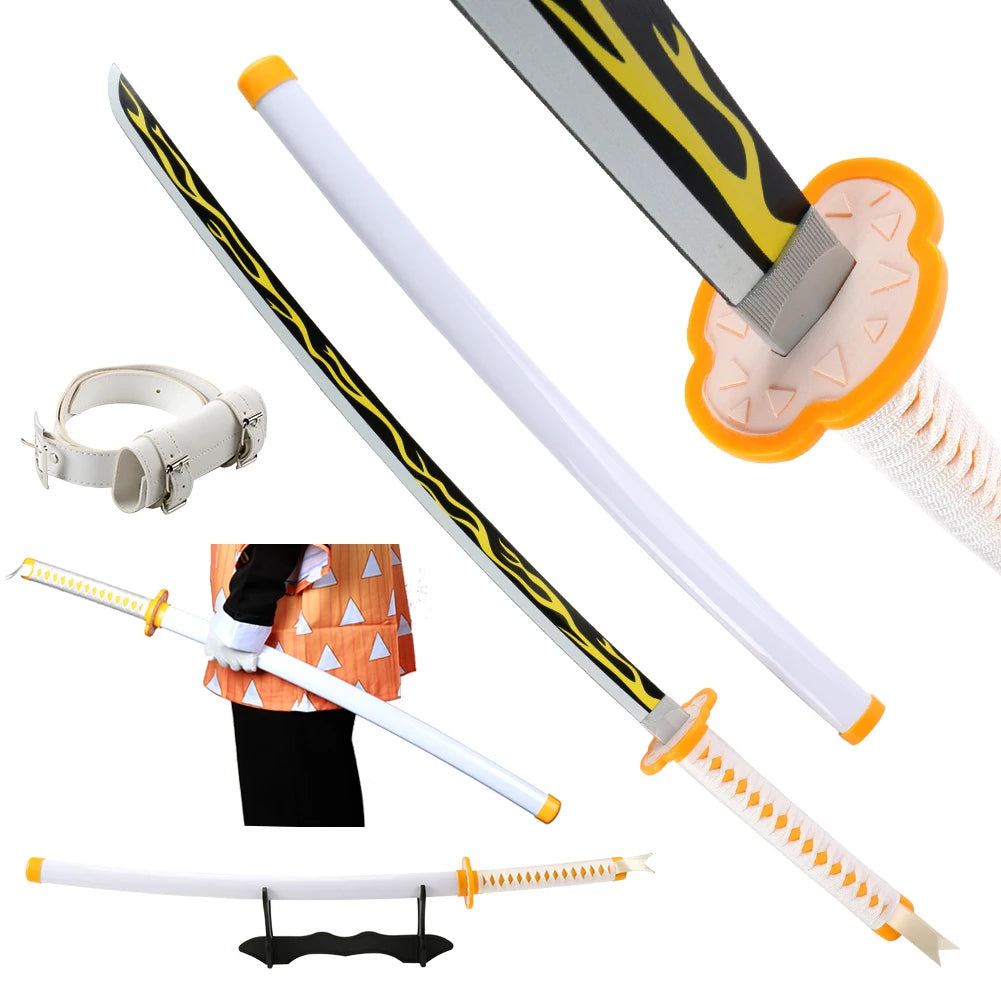 Collection of colorful anime swords with unique designs and a display stand, showcasing samurai katana styles.