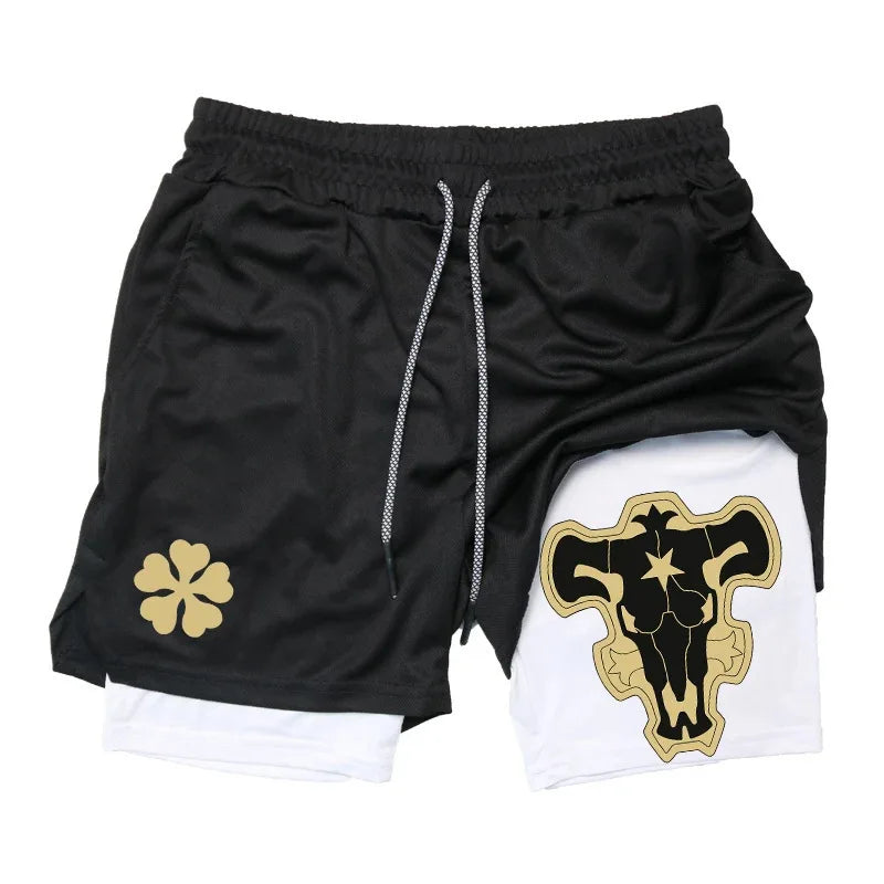 Summer New Black Five-leaf Clover Printed Men's and Women's Shorts Double-layer Loose Sports and Casual Pants for Beach Fitness