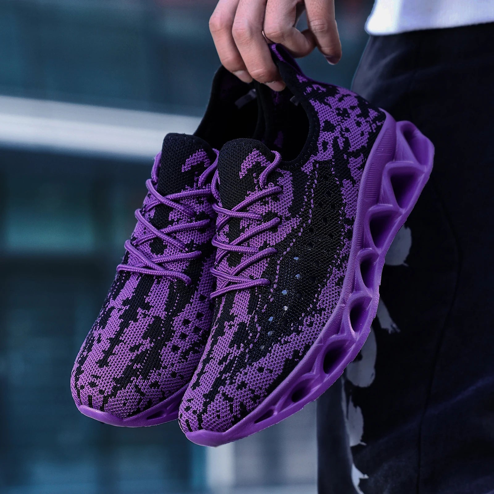 Purple and black patterned orthopedic sneakers for women, featuring a lace-up closure and flat heel design.