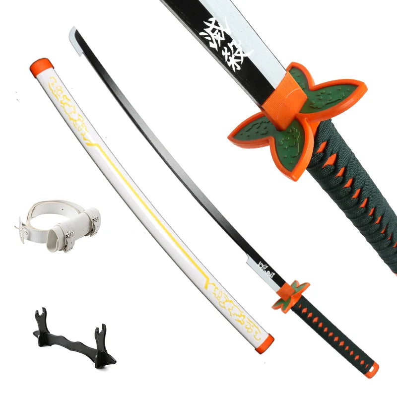 Collection of colorful anime swords with unique designs and a display stand, showcasing samurai katana styles.