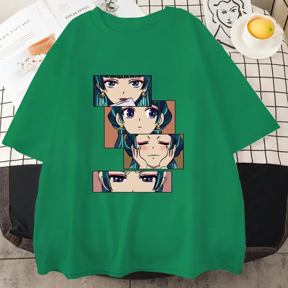 Women’s Harajuku anime T-shirt featuring The Apothecary Diaries graphic. Cute, casual top perfect for streetwear, cosplay, or everyday wear.