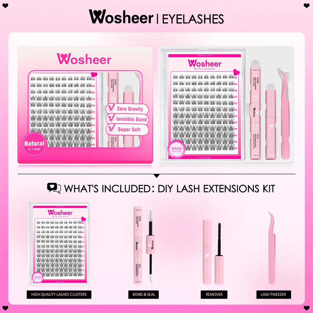 WOSHEER Lash Clusters Kit Wispy Natural Cluster Eyelash Extension Kit DIY Lash Extension Kit 8-14MM Eyelash Clusters  Individual