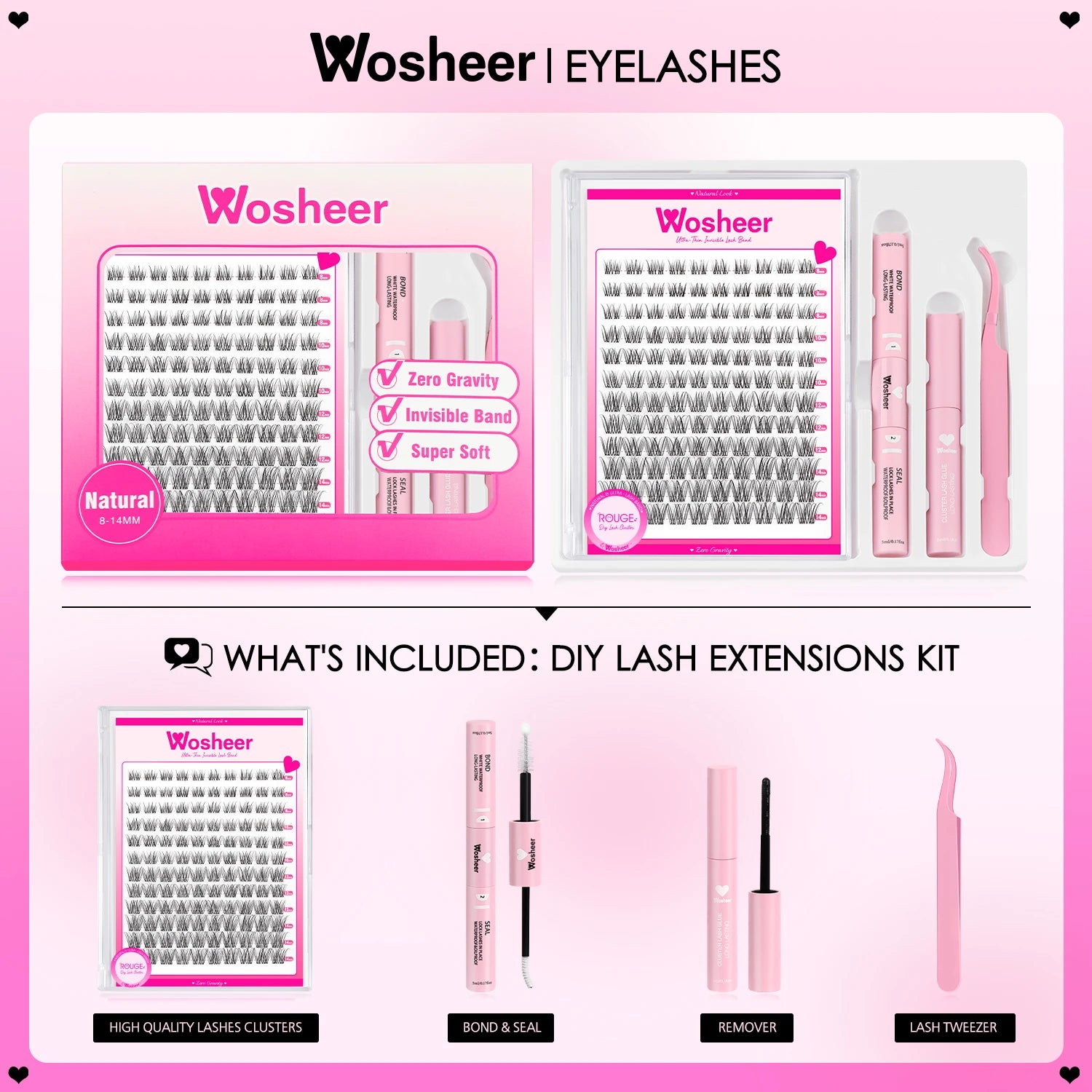 WOSHEER Lash Clusters Kit Wispy Natural Cluster Eyelash Extension Kit DIY Lash Extension Kit 8-14MM Eyelash Clusters  Individual