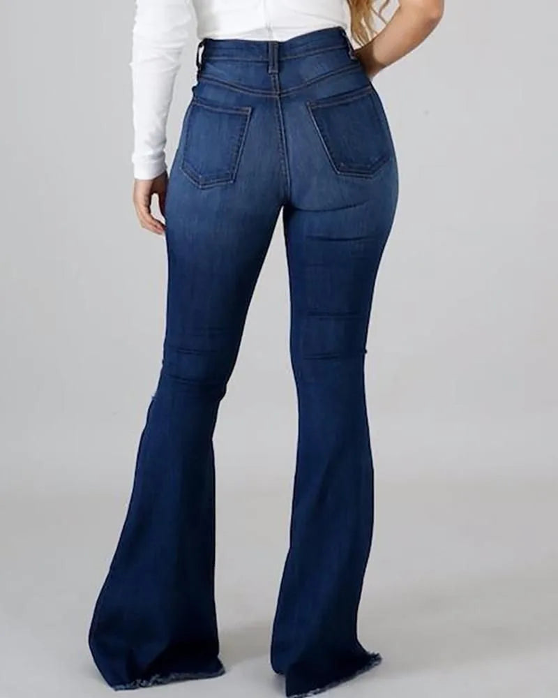 Denim Flare Pants Women Hole Jeans Boot Cut High Waist Stretch Pockets Distressed Washed Streetwear 2025 Floor Length Trousers