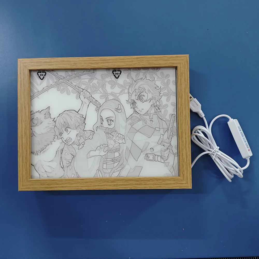 Anime Figure Light Painting Photo Frame Demons Slayer Kimetsu No Yaiba Tanjirou Action Led Lamps Bedroom Decor Chirstmas Gifts