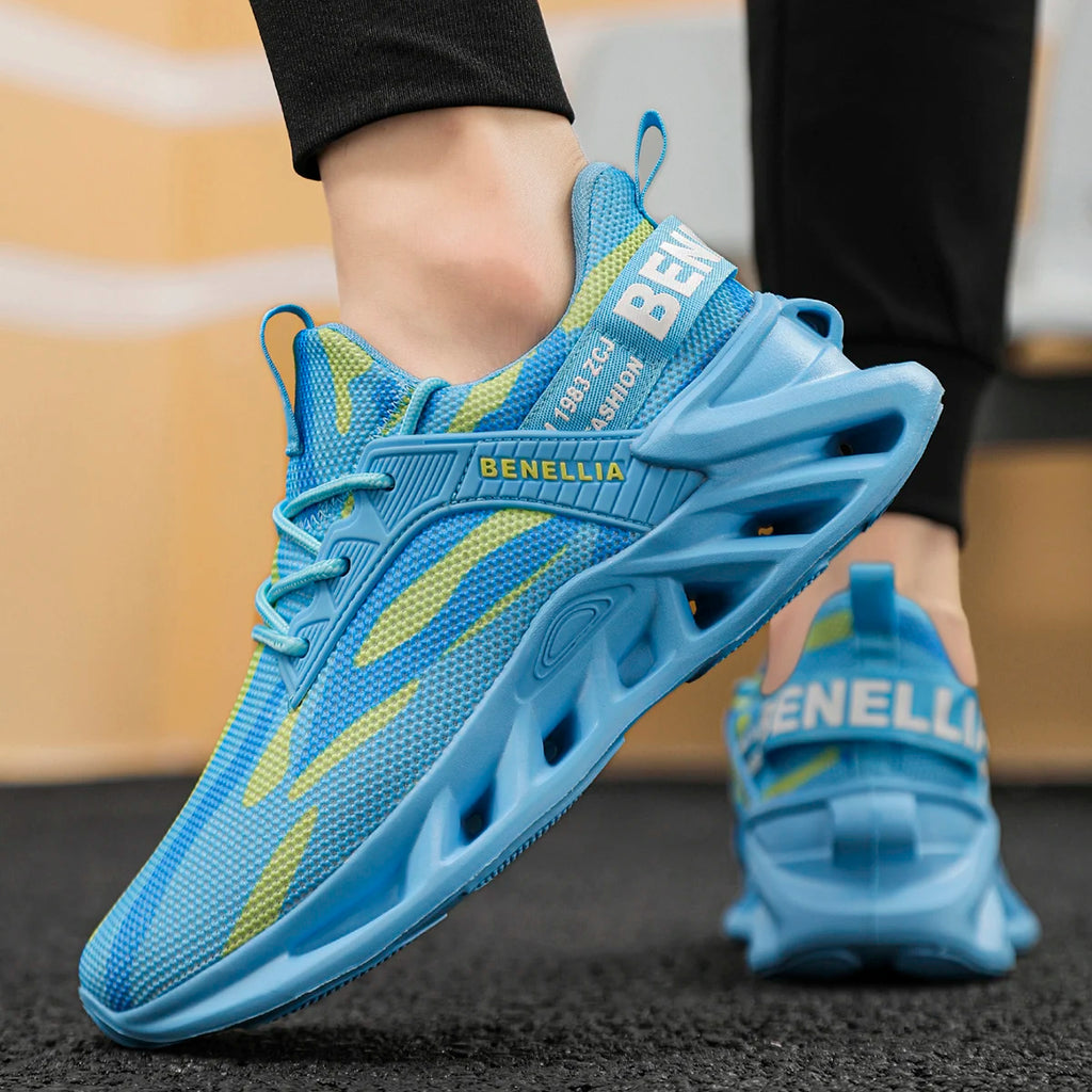 Blue anime-inspired running shoes for men and women, featuring a lace-up design and lightweight construction.