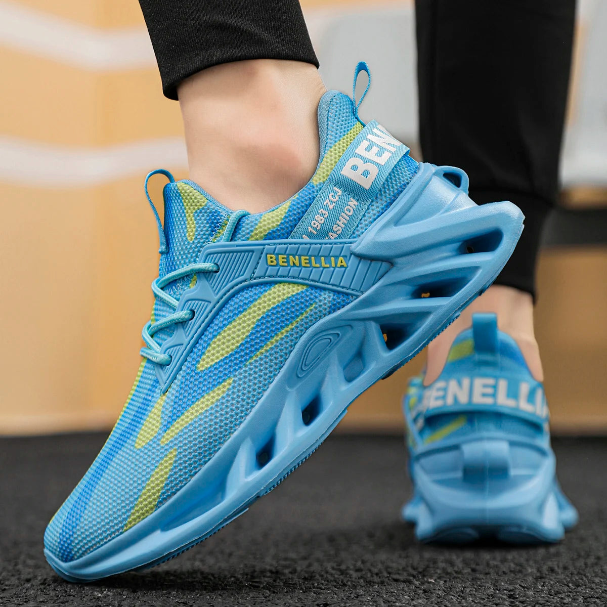 Blue anime-inspired running shoes for men and women, featuring a lace-up design and lightweight construction.