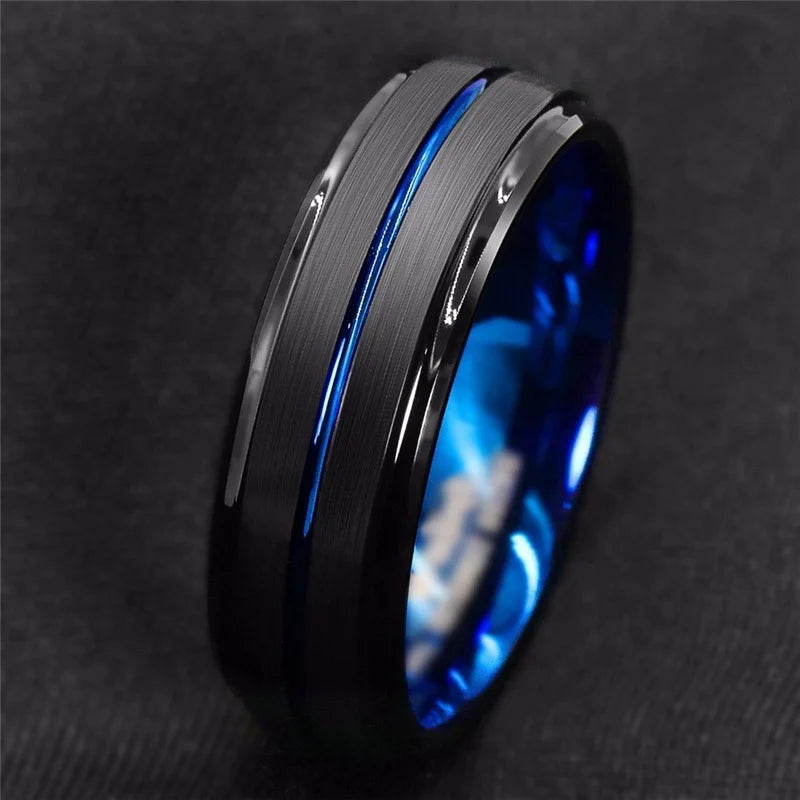Fashion 8mm Men's Black Tungsten Wedding Band Rings Blue Groove Beveled Edge Engagement Ring for Male Valentine Gifts Jewelry