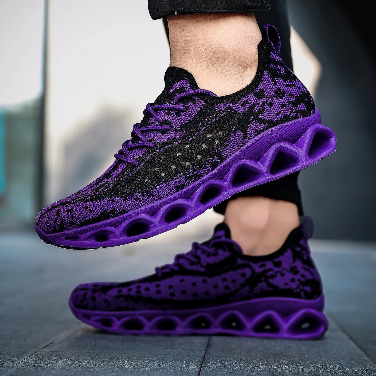 Purple and black patterned orthopedic sneakers for women, featuring a lace-up closure and flat heel design.