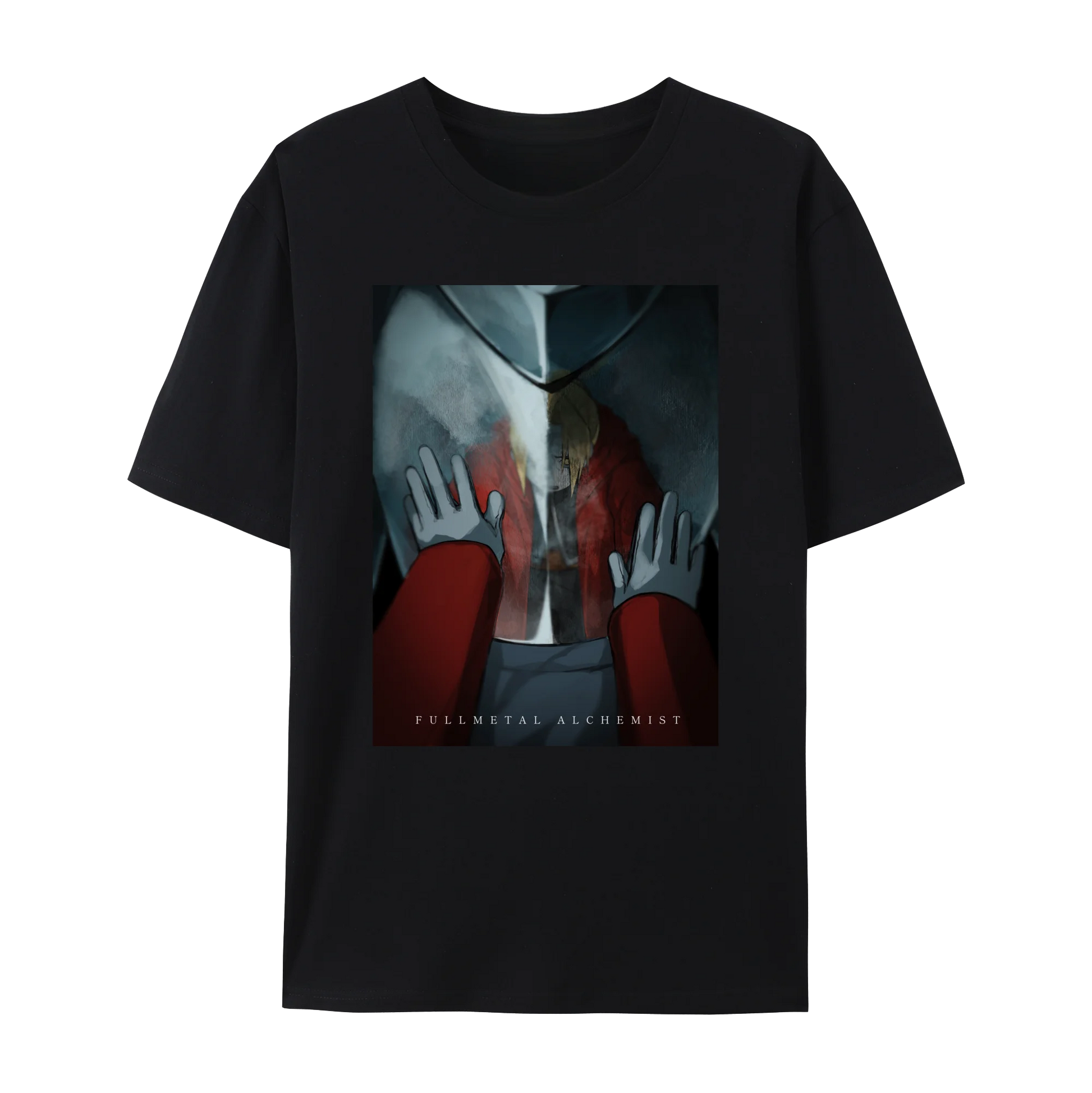 Fullmetal Alchemist graphic cotton t-shirt featuring Edward and Alphonse on a black short sleeve crewneck.