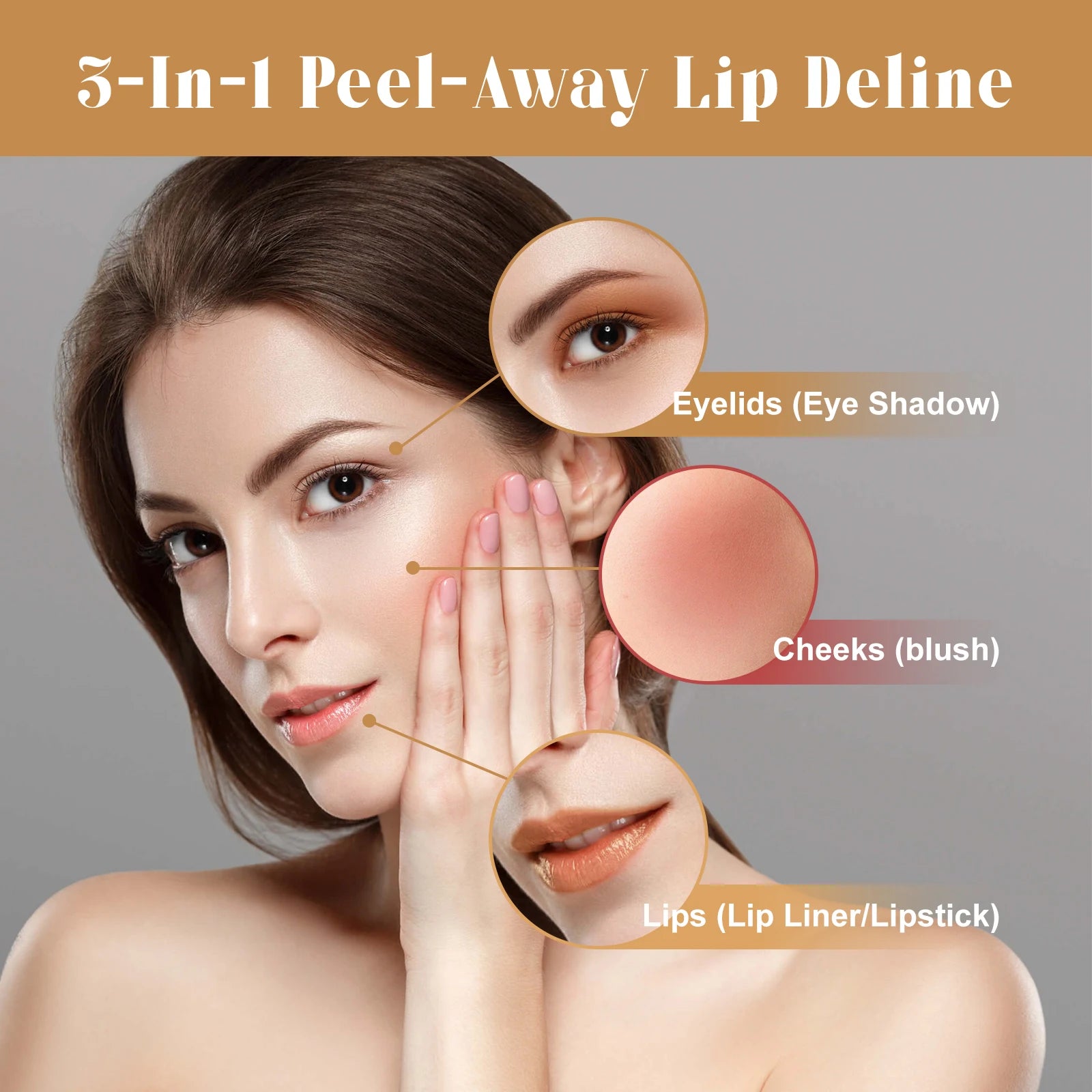 Model showcasing 5-in-1 peel-away lip deline with highlighted areas for eyelids, cheeks, and lips.