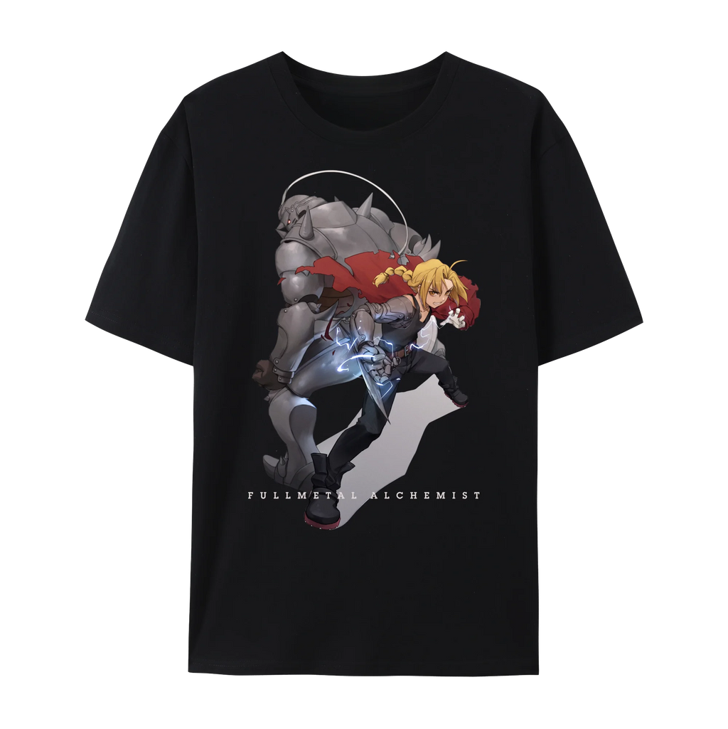 Fullmetal Alchemist graphic t-shirt featuring Edward and Alphonse, unisex short sleeve design, perfect for anime fans.