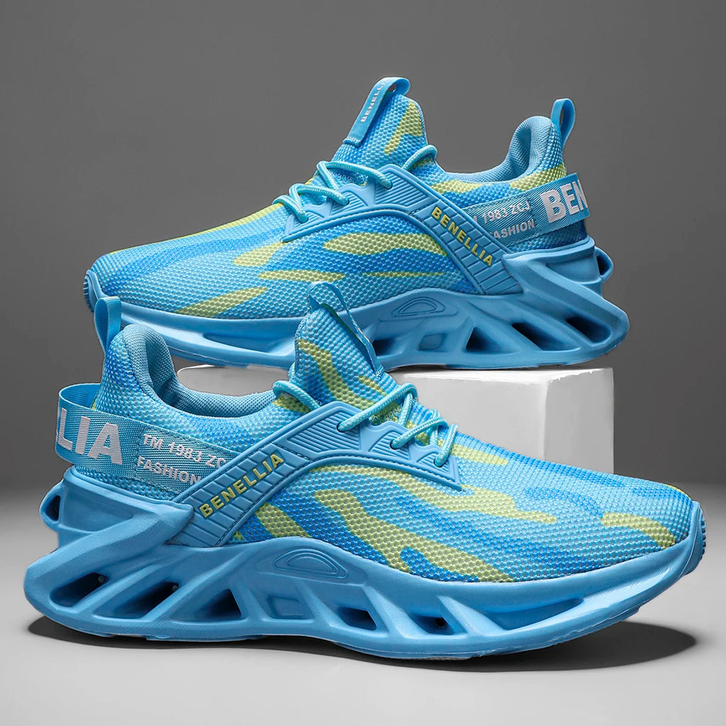 Blue anime-inspired running shoes for men and women with lace-up closure and stylish design.