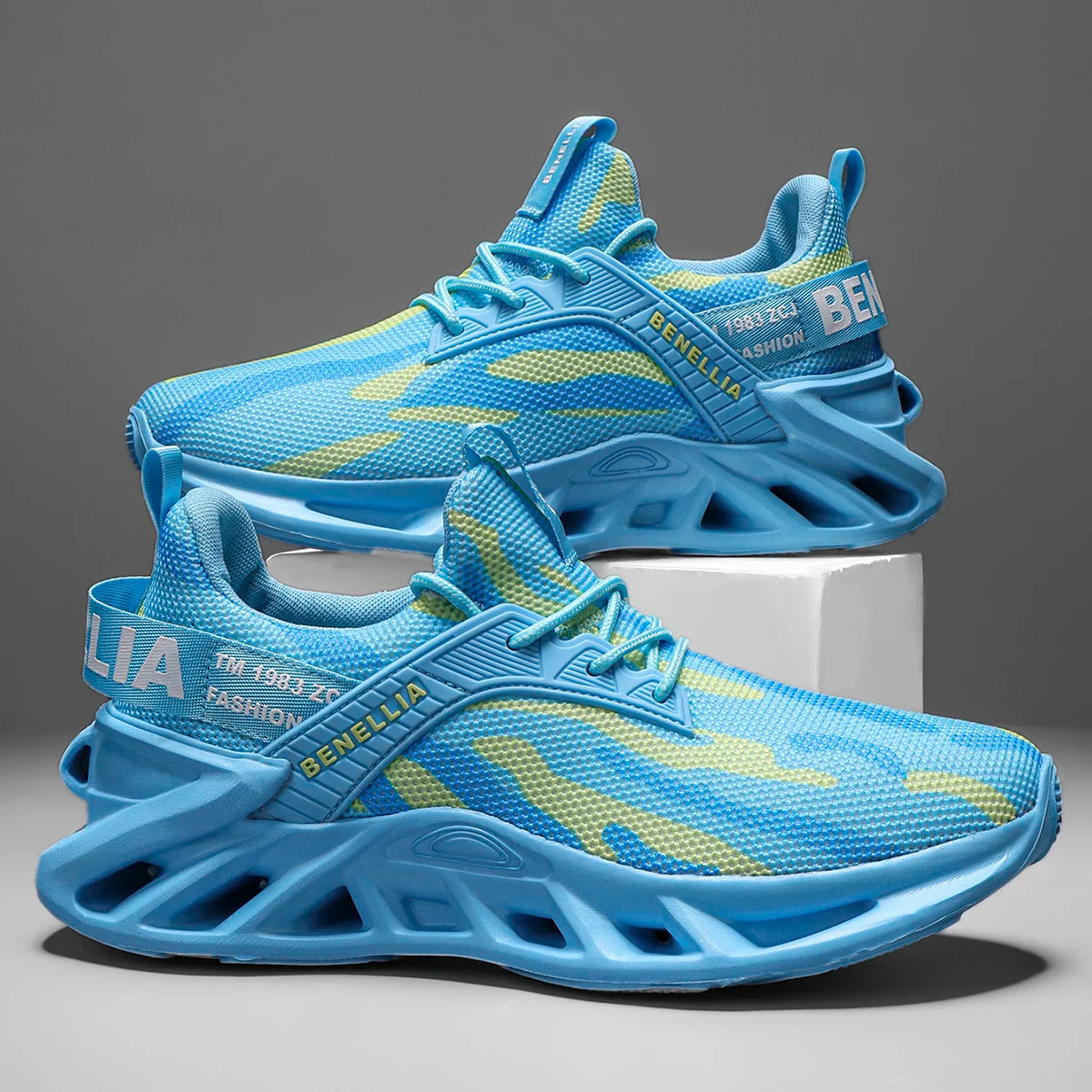 Blue anime-inspired running shoes for men and women with lace-up closure and stylish design.