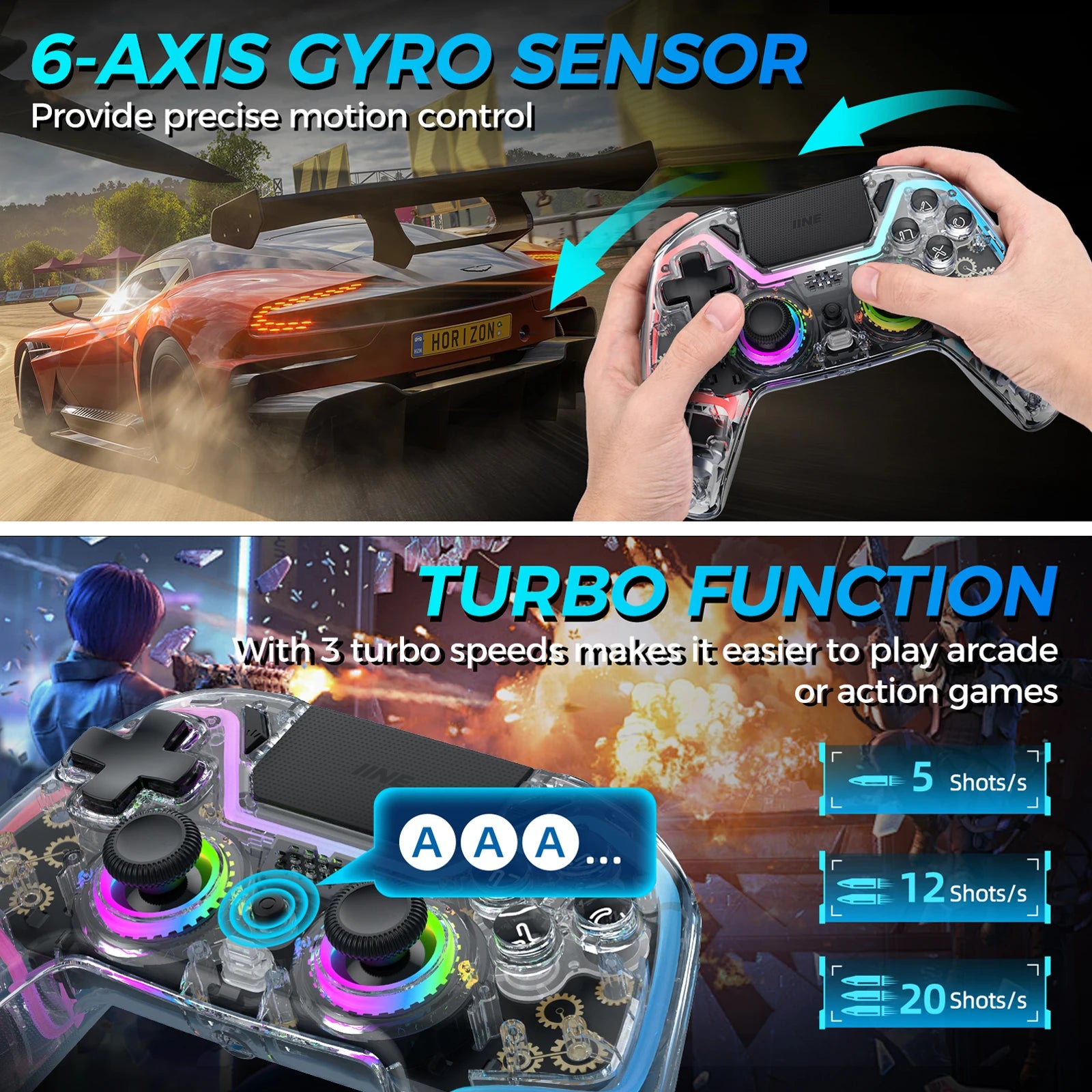 IINE Bastet Wireless Controller Compatible with PS4/Switch/PC/Android/IOS Hall Effect Joystick & Trigger With Touch Pad