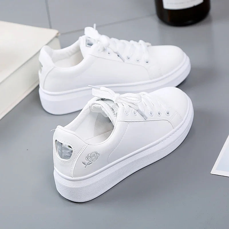 2022 Women Casual Shoes New Spring Fashion Embroidered White Breathable Flower Lace-Up Sneakers