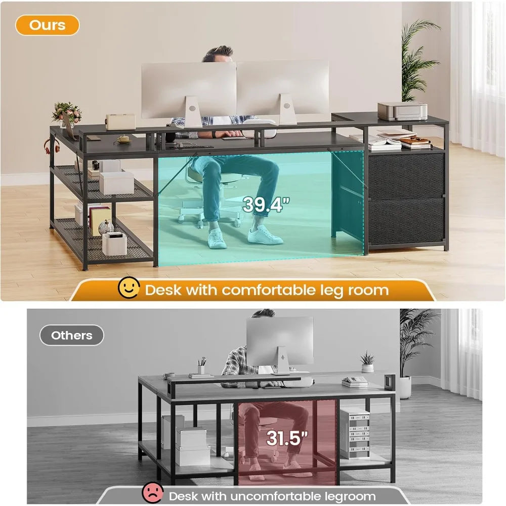 67" L Shaped Desk with Drawers, Computer Office Desk with Storage Shelves & Power Outlet, Reversible Gaming Desks with LED Ligh
