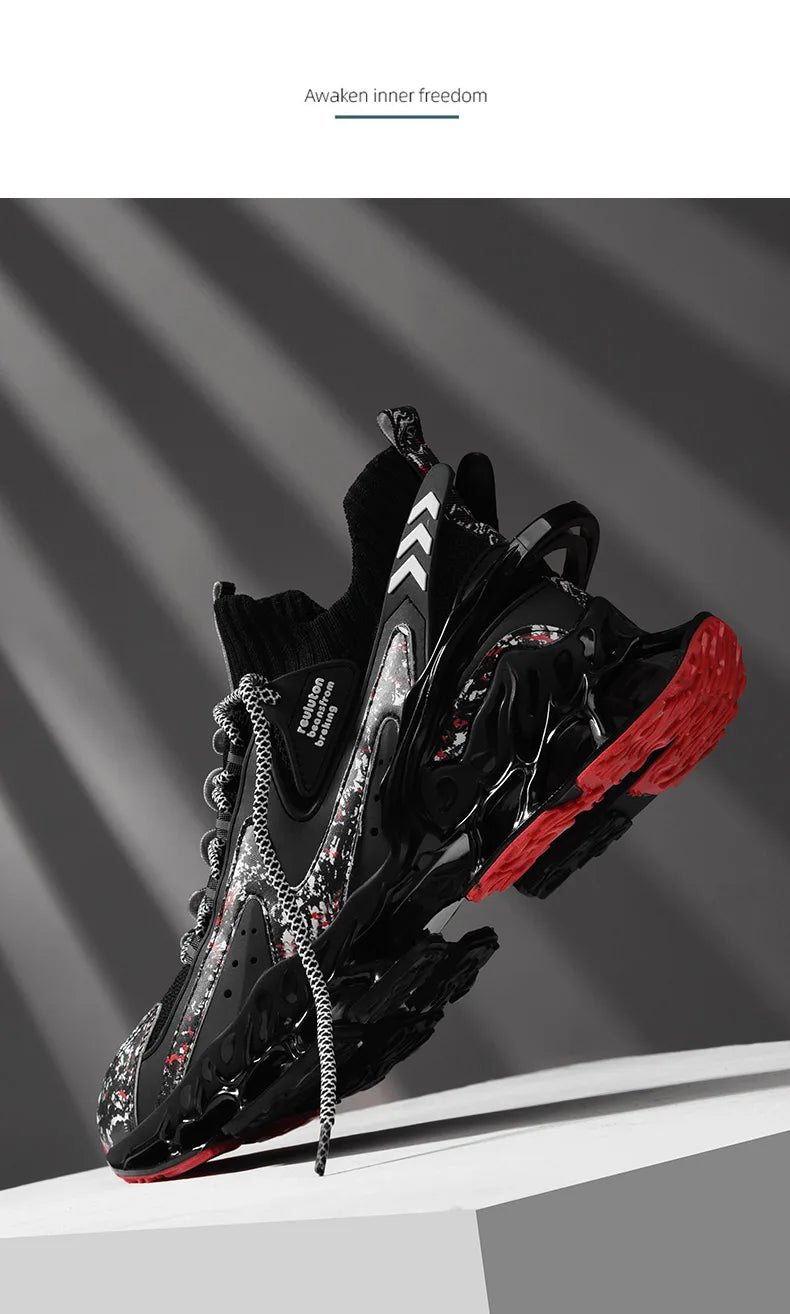 Anime and More men's running shoes with blade design and non-slip features in white and colorful accents.