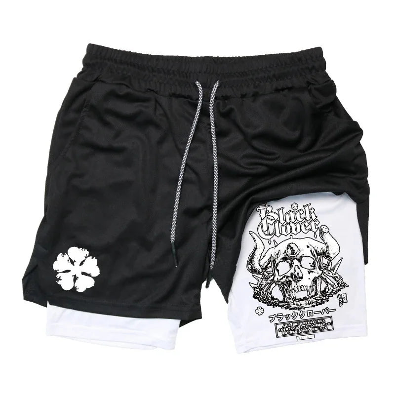 Summer New Black Five-leaf Clover Printed Men's and Women's Shorts Double-layer Loose Sports and Casual Pants for Beach Fitness