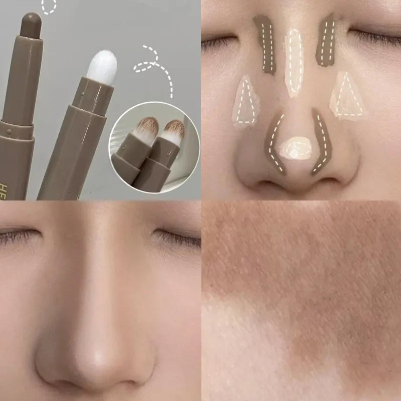 Double-ended contouring pen with cream formulation, applied on skin for modified facial contours.