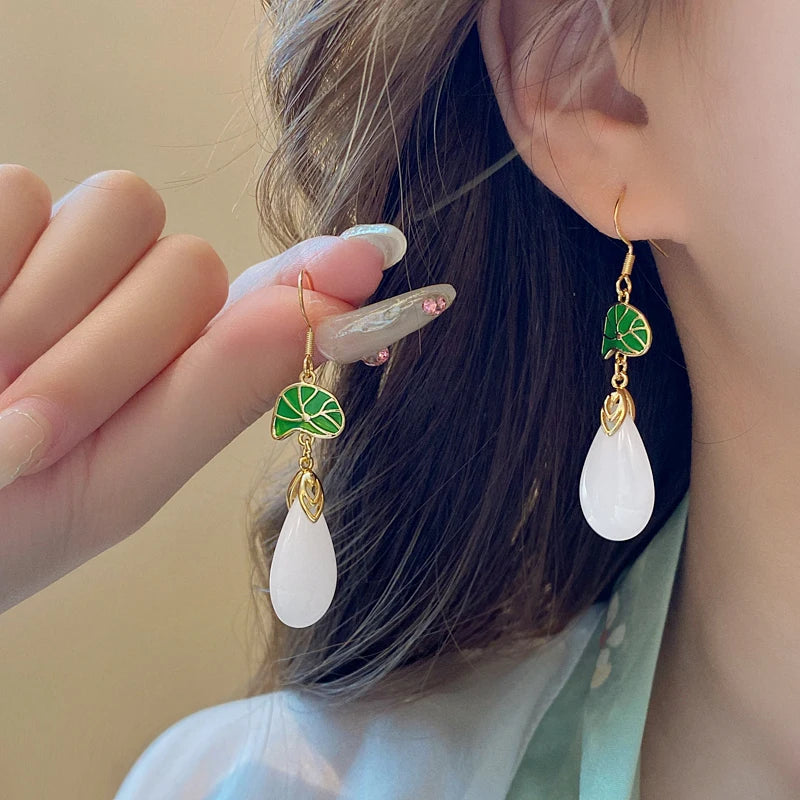 Lily Of The Valley Leaf Water Drop Resin Dangle Earrings For Women Partysu New In Earring Hook Vintage Fashion Cheongsam Jewelr