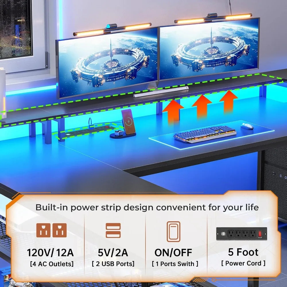 67" L Shaped Desk with Drawers, Computer Office Desk with Storage Shelves & Power Outlet, Reversible Gaming Desks with LED Ligh