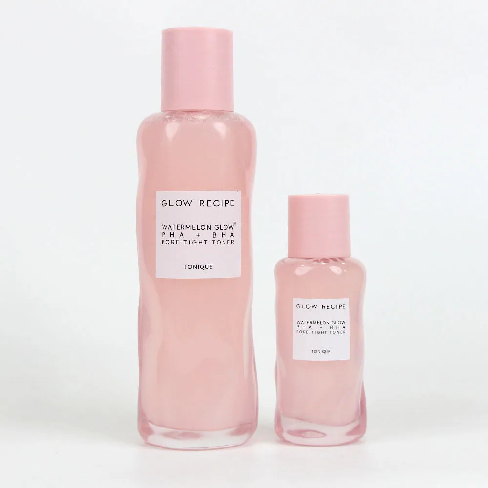 Glow Recipe Watermelon Glow PHA+BHA Pore-Tight Toner bottles in pink packaging for brightening and hydrating skin.