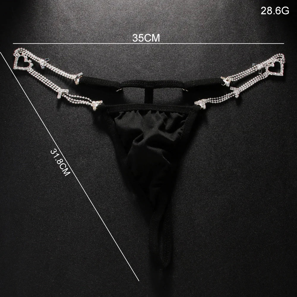 Stonefans Sexy Metal Bead Chain Rhinestone Hollow Heart Thong Women Black Cloth Panties Body Chain Thong Bikini Waist Jewelry
