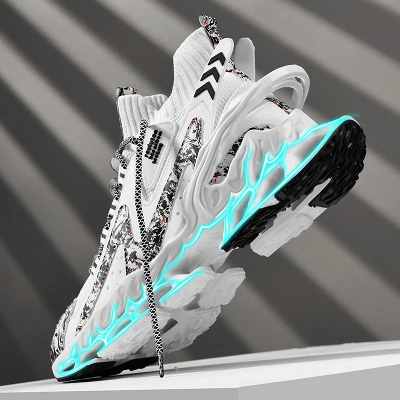 Anime and More men's running shoes with blade design and non-slip features in white and colorful accents.