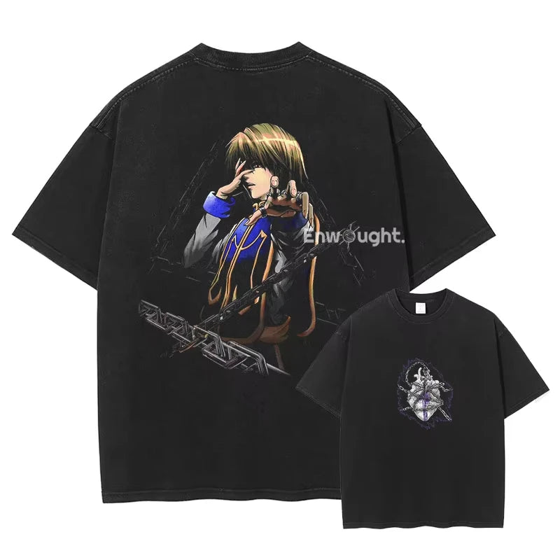 Hunter Killua Zoldyck T-shirts Vintage Washed Anime Kurapika T Shirt Oversized Streetwear Manga Gon Tops Tees Men 100% Cotton