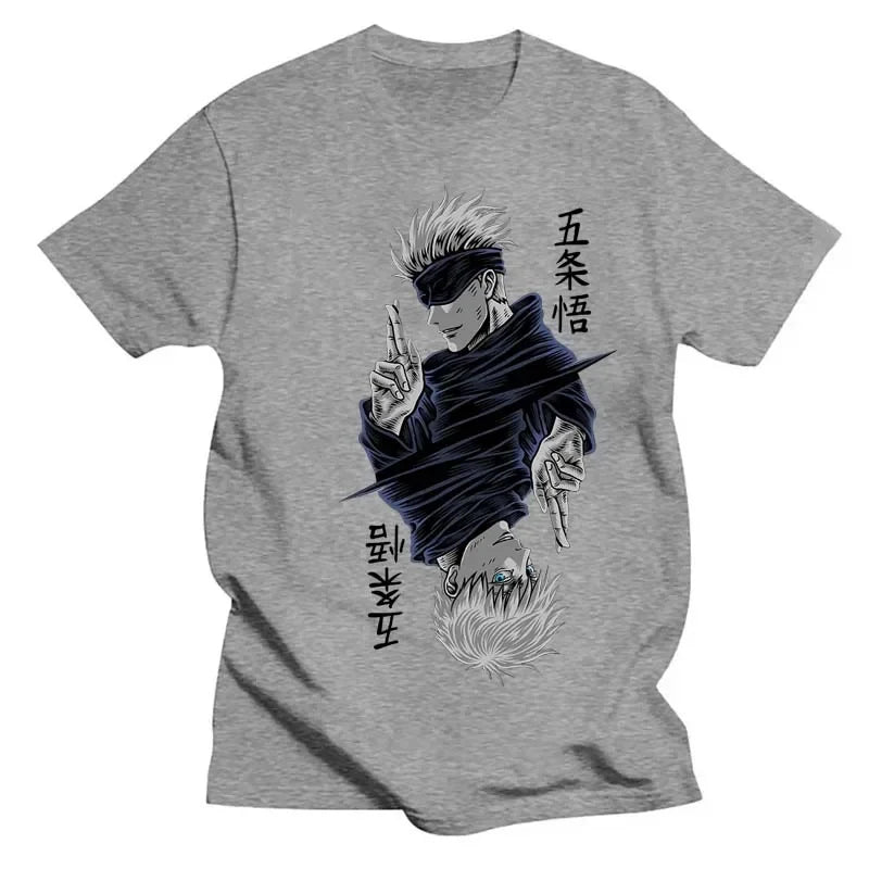 Women’s Jujutsu Kaisen Satoru Gojo T-shirt. Black & white O-neck, short sleeves, anime print, perfect for casual summer streetwear.