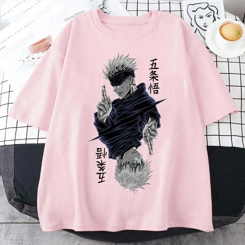 Women’s Jujutsu Kaisen Satoru Gojo T-shirt. Black & white O-neck, short sleeves, anime print, perfect for casual summer streetwear.