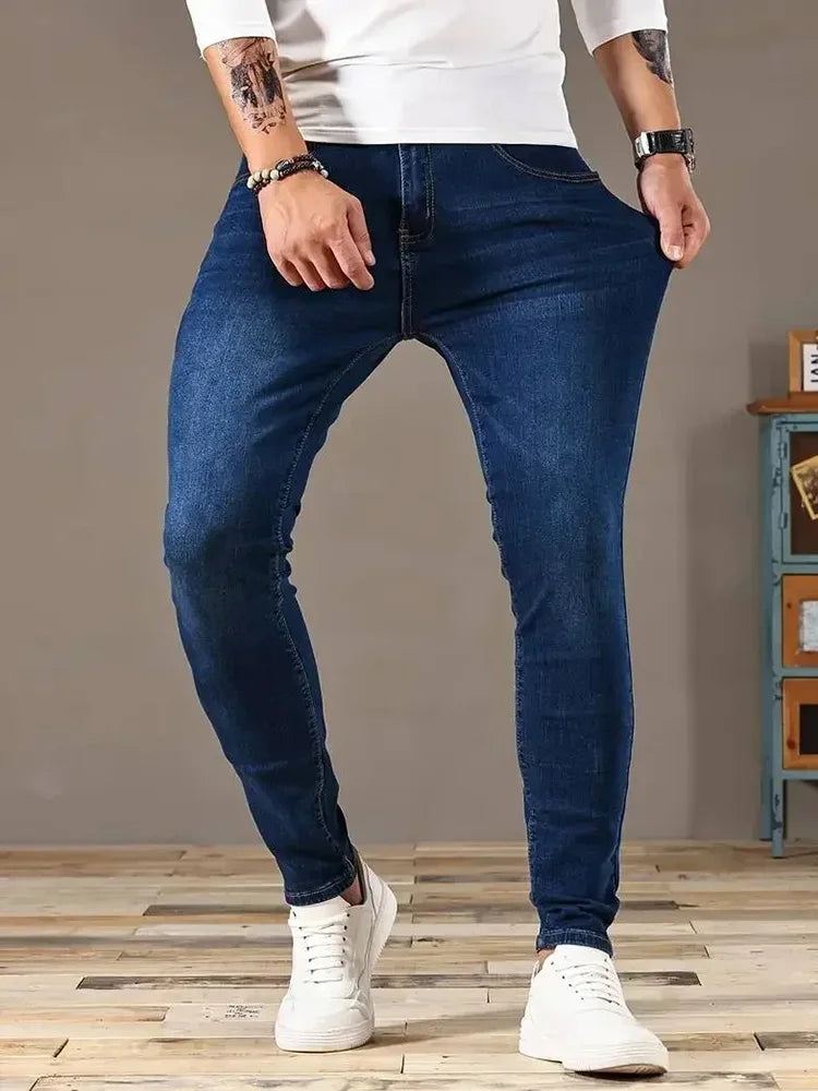 Mens Jeans Elastic Skinny Solid Color Stretch Pencil Pants Slim Fit Denim Jeans Jogging Streetwear Cowboy Casual Trousers Blck
