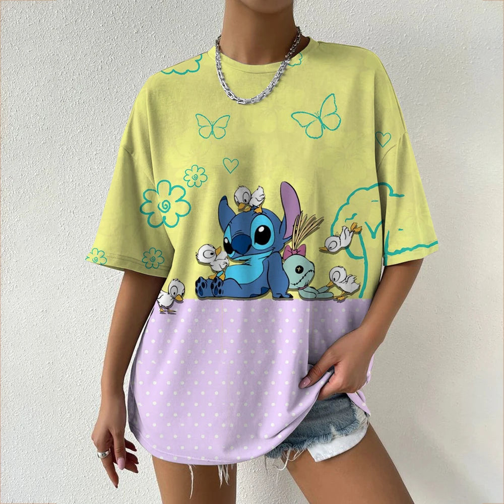 Women's T-Shirts For Women Disney Stitch print Tees Casual Street Femalewear Summer Oversized T-Shirt Fashion Lady Y2k Clothing