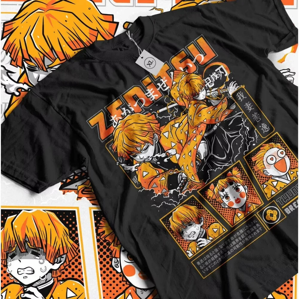 Black Zenitsu Demon Slayer tee featuring vibrant artwork and striking designs, perfect for anime fans.