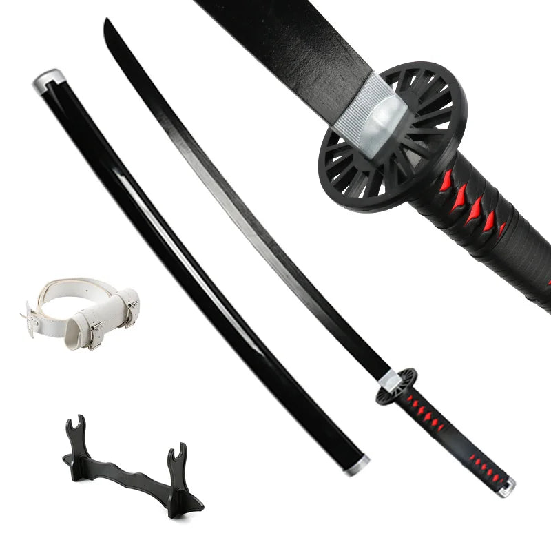 Collection of colorful anime swords with unique designs and a display stand, showcasing samurai katana styles.