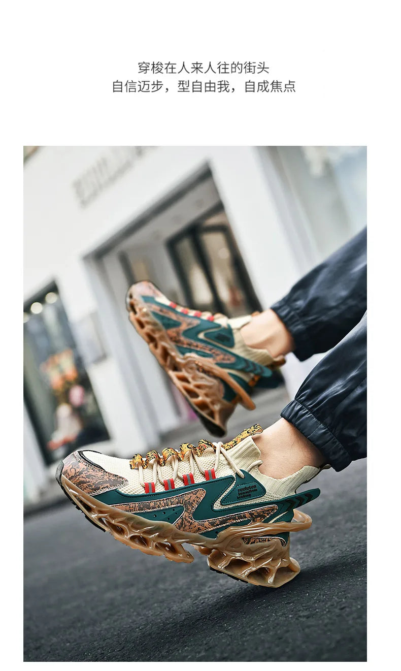 Anime and More men's running shoes with blade design and non-slip features in white and colorful accents.